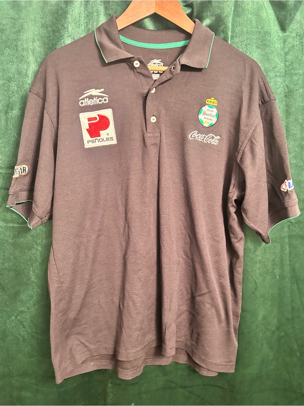 Black player issued Santos Laguna Polo with Green Trim and Sponsor Patches